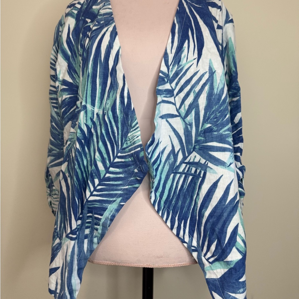 Chico’s Tropical Blue Leaf Print 100% linen open cardigan in size XL (3) - Picture 2 of 13